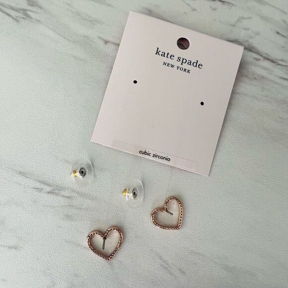 KATE SPADE NEW YORK Pave‎ Heart Stud Earrings, Rose Gold/Diamond Crystal, NWT - Picture 5 of 13